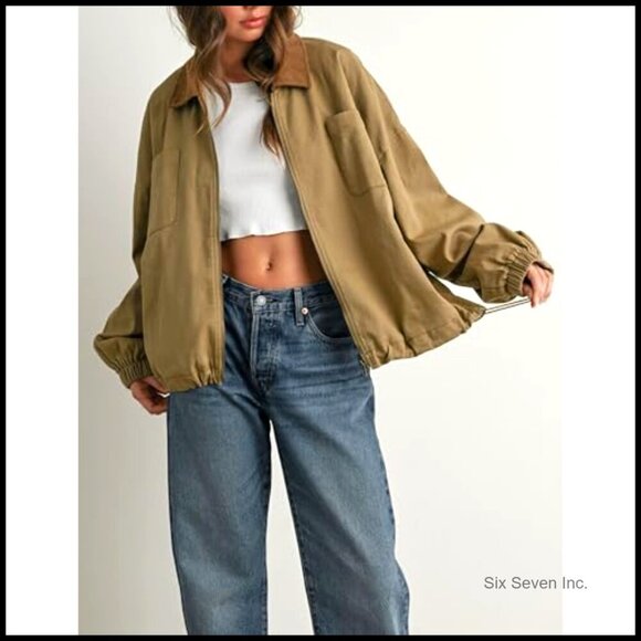 Corduroy Collar Utility Jacket Cinchable Hem Lightweight Workwear Chic Vintage - Picture 5 of 6